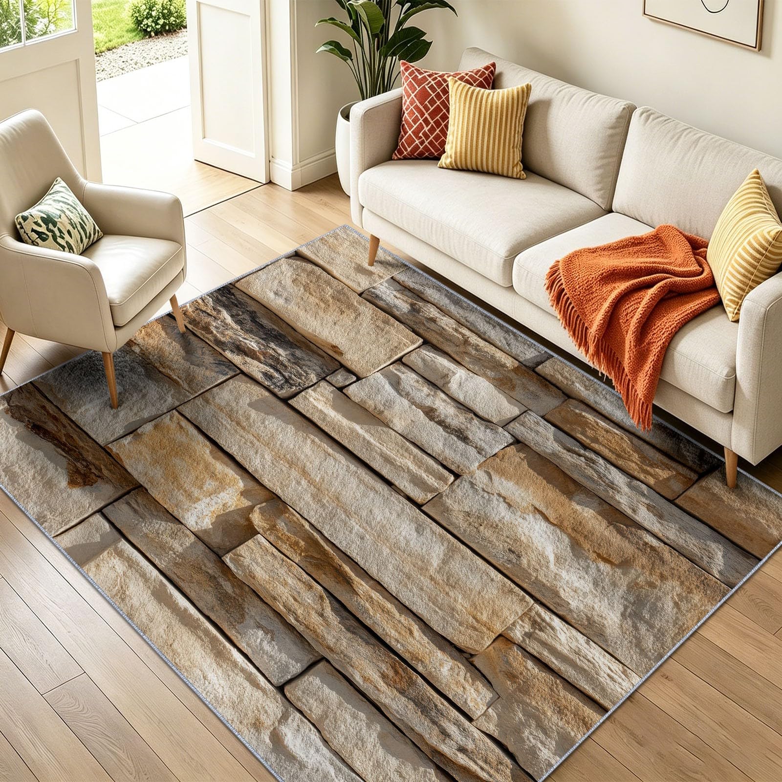 Vintage Stone Blocks Area Rugs for Living Room 160x230 cm, Geometric Brick Texture Prints Anti-Slip Washable Rug, Light Brown Low Pile Floor Covering Carpets for Dining Room Bedroom Hallway Office