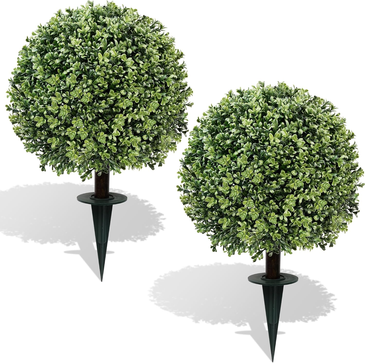 24 Inch Artificial Boxwood Topiary Ball Plant Tree Set of 2 with Ground Spike, UV-Resistant & Waterproof Faux Fake Bushes Shrubs Greenery Decor for Garden Patio Porch Entryway Indoor Outdoor
