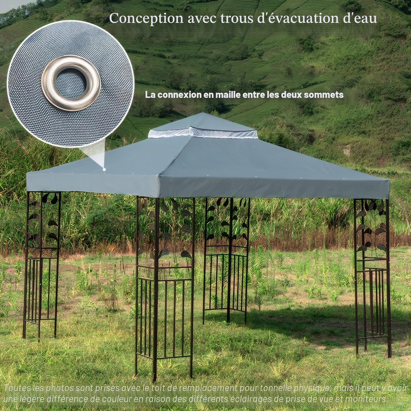 OKYUK Toit de rechange respirant UV, stable et imperméable, avec drainage, idéal pour tonnelle de jardin 3 x 3 m (gris)