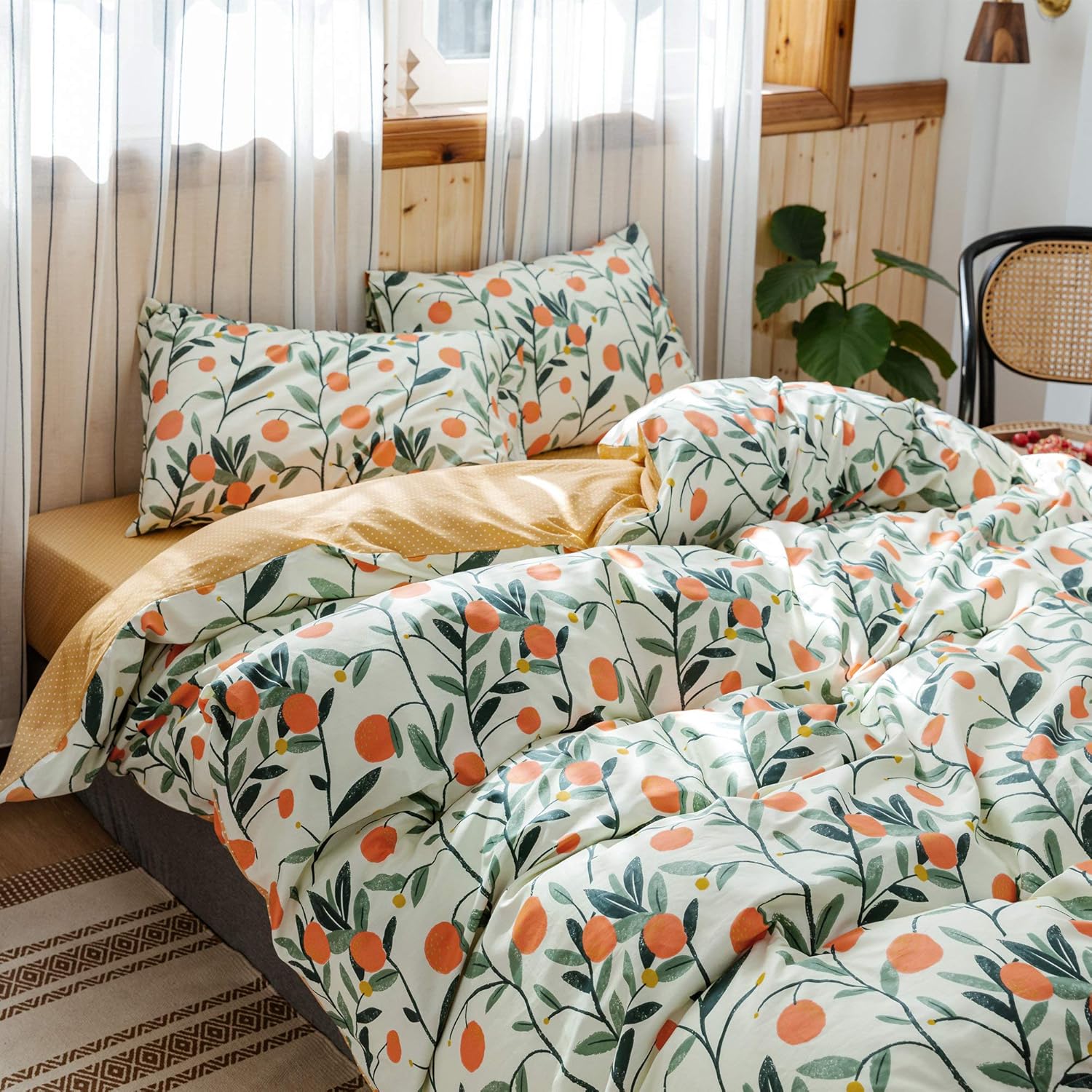HoneiLife Duvet Cover Queen Size - 100% Cotton Comforter Cover Floral Duvet Cover Sets, Orange Duvet Cover with Zipper Closure & Corner Ties, 3pcs Wrinkle Free Comforter Cover Sets-Fruit: Home & Kitchen