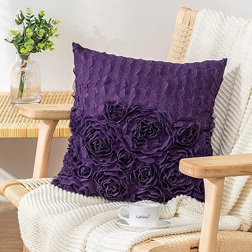 Miniatura 10 de CaliTime Juego de 2 fundas de almohada decorativas 3D de gasa 3D sólidas con diseño de rosas y flores, fundas decorativas para sofá, dormitorio, 12