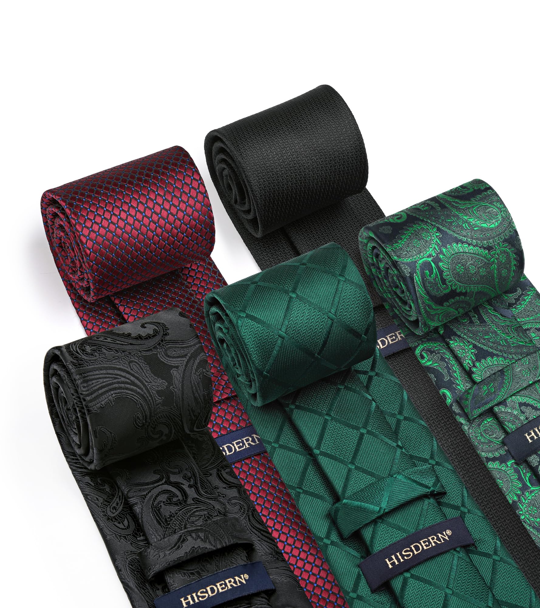 HISDERN Set 5 PCS Cravatta Uomo - Tinta Unita, Pois, Quadri, Righe - Fazzoletto Incluso - Per Festa e Matrimonio