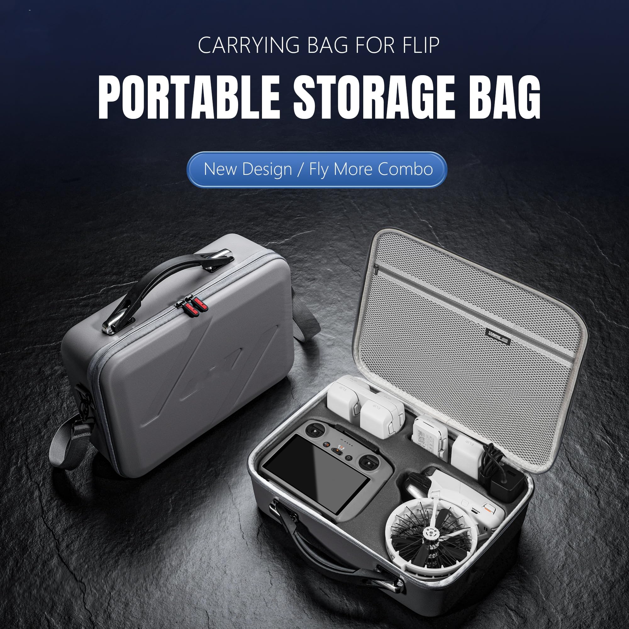 Etui z klapką do DJI Flip Fly More Combo, przenośny futerał ze skóry PU może organizować pilota RC2/RC-N3, 7 oryginalnych baterii, koncentrator ładowania, ładowarka 65 W, szary, Etui z klapką na drona