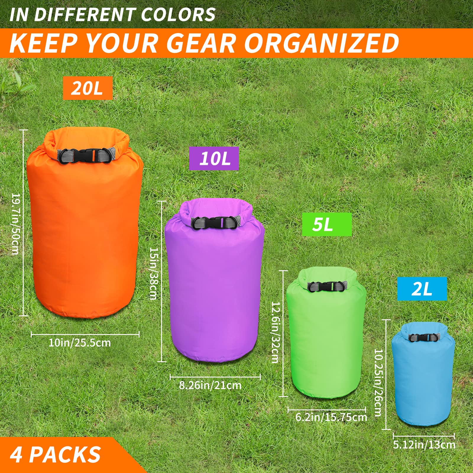 Sac étanche - 4 Pièces 2L/5L/10L/20L Dry Bag Set, Sac Sec Léger pour L'Extérieur Sacs De Sports Nautiques, Fermeture De Sécurité, pour Le Kayak Bateau/Pêche/Rafting/Natation (4pcs,20L)