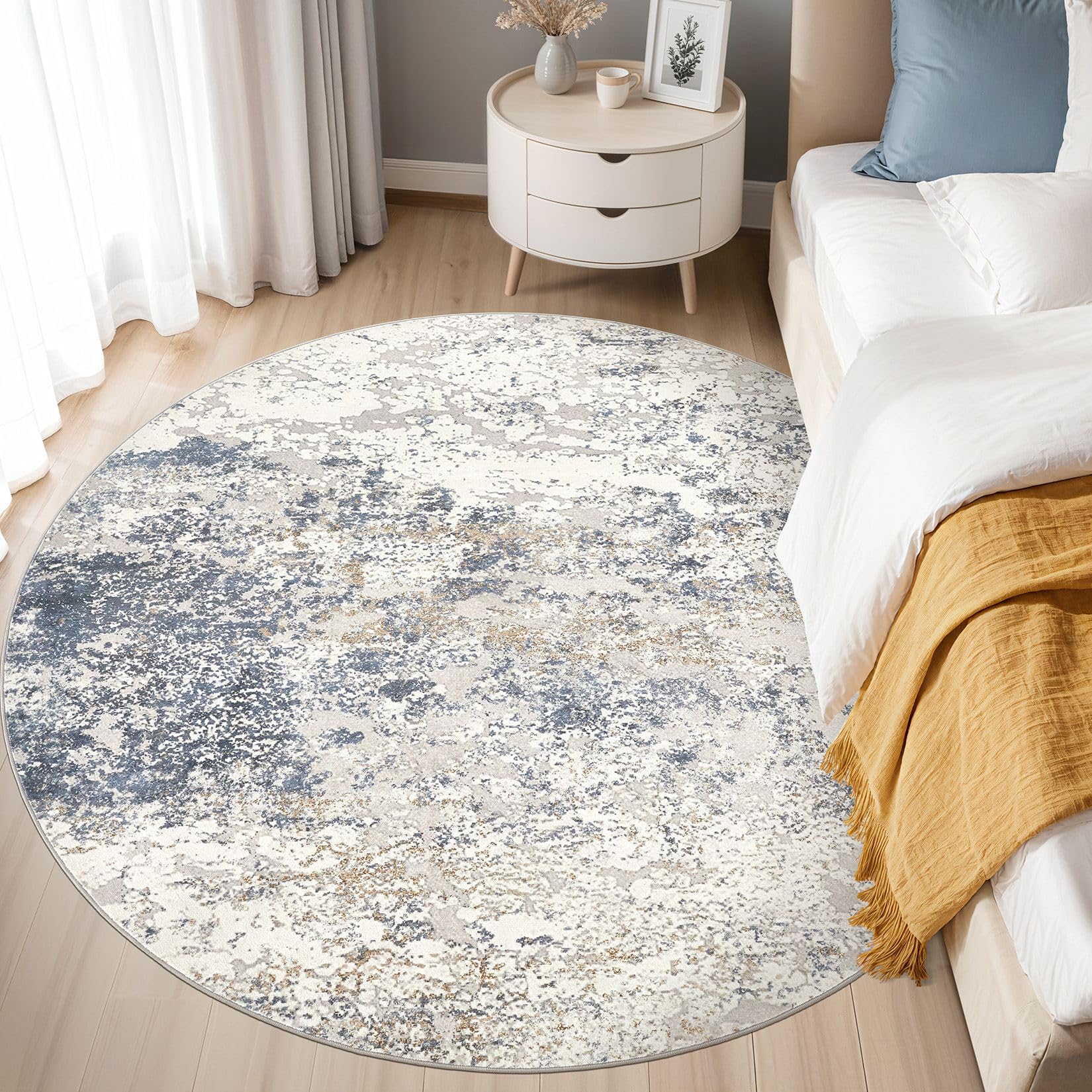 Tappeto Rotondo per Salotto - 160x160 cm Lavabile Morbido Interno Neutro Moderno Astratto Tappeto A Pelo Corto per Camera Da Letto Sala da Pranzo Casale Ufficio Casa - Beige/Blu