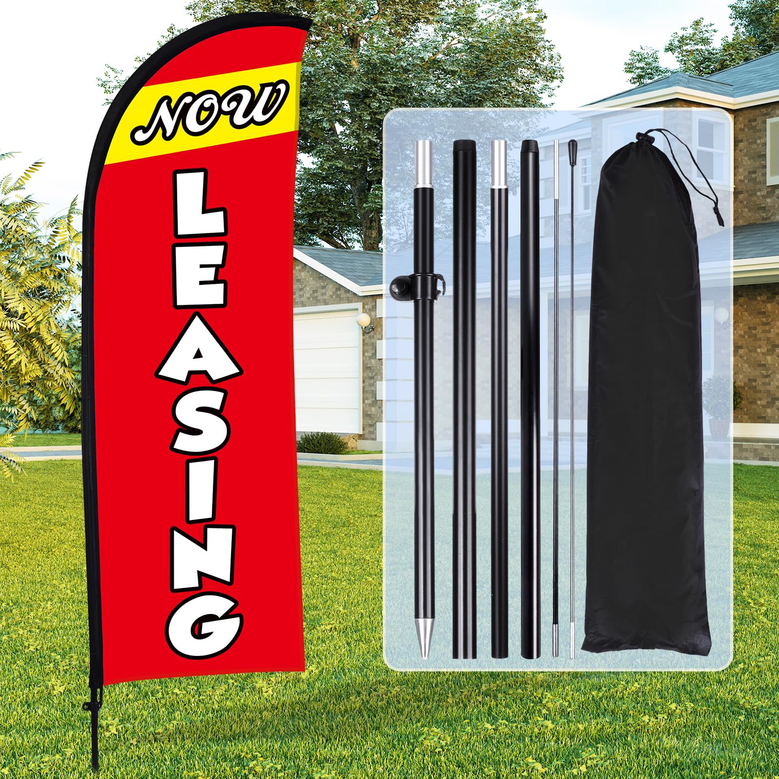 Buryeah Now Leasing Feather Flag Pole Kit 7ft Now Leasing Banner Sign with Flag Pole Kit and Ground Stake and Portable Bag for Real Estate Advertising