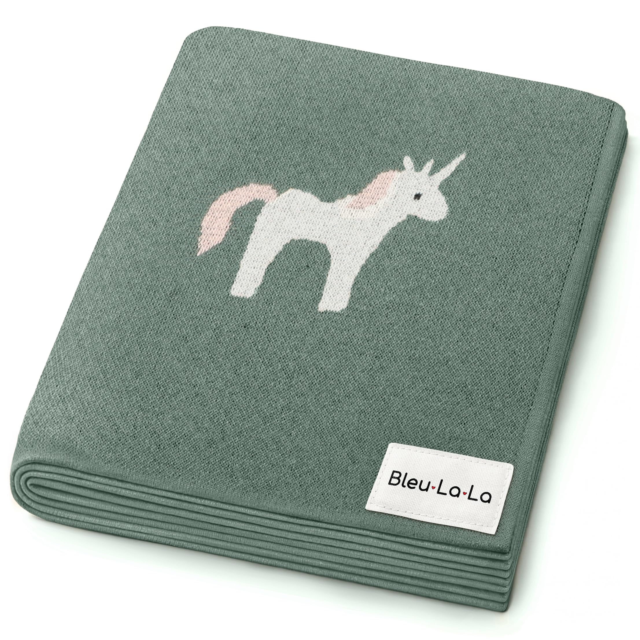 Couverture tricotée pour bébé fille et garçon, 100 % coton, douce et confortable, pour berceau, poussette, liste de cadeaux pour nouveau-nés, nourrissons, tout-petits (licorne – sauge)