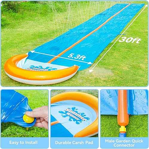 Miniatura 3 de Tobogán acuático para césped, 30 pies extra largo con 2 bodyboards, carriles deslizantes para toboganes para niños y adultos, resistente,