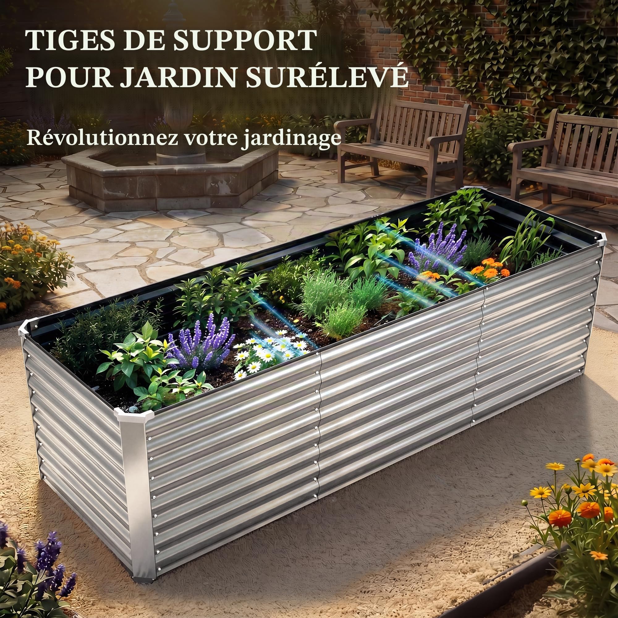 DWVO Jardinière surélevée en tôle d'acier galvanisée, Jardinière surélevée pour l'extérieur avec Bord de sécurité pour Le Jardin avec Barre de Support, Gants pour légumes (Argent, 240 x 90 x 70 cm)