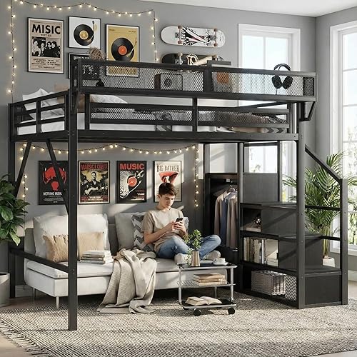 Full Size Loft Bed with Stairs, Metal Loft Beds Full with Storage Shelves, Adults Loft Bed with Wardrobe, Heavy Duty High Lofted Bed for Teens,Black +Black Stair