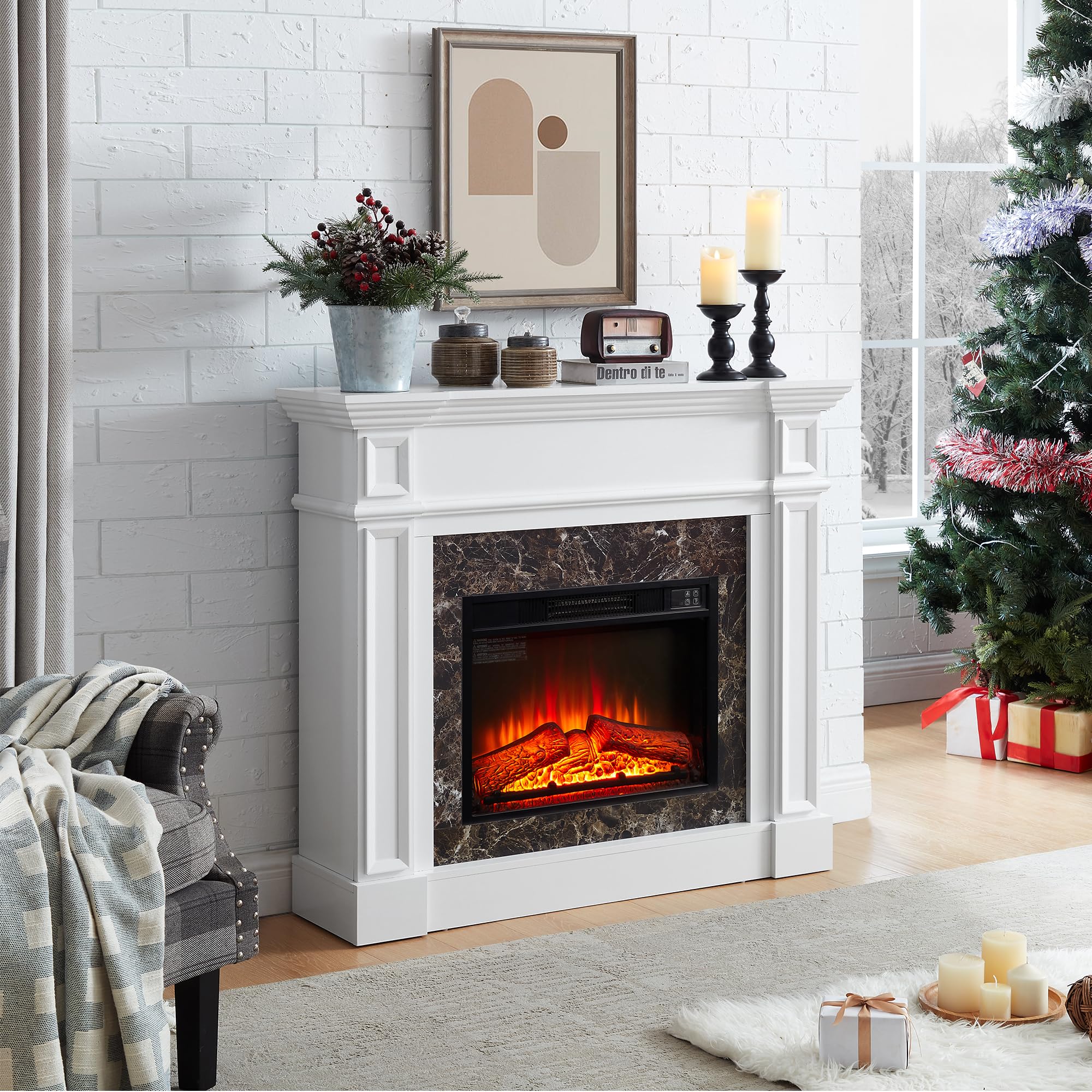 nifoti 45" Electric Fireplace with Mantel, Fireplace Mantel with Faux Marble Pattern Surround, Freestanding Fireplace Heater with Timer & LED Flame,