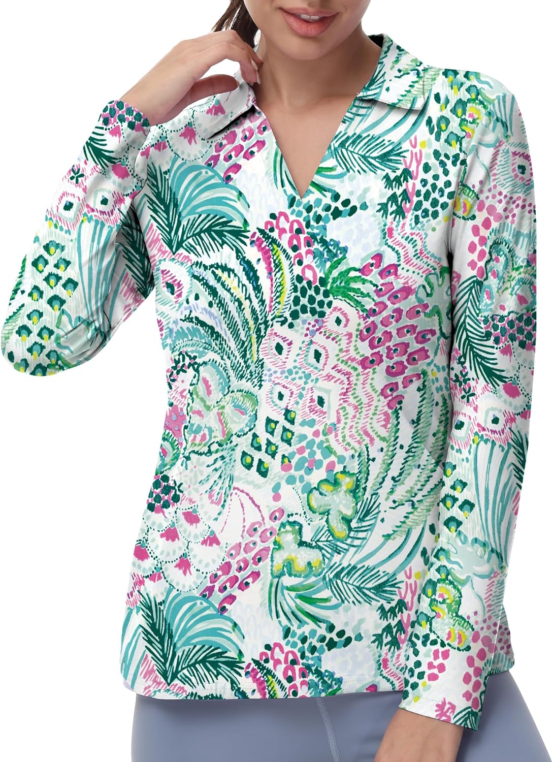 Women's Golf Polo Shirts Long Sleeve Workout Tops V Neck UPF 50+ Sun Protection Quick Dry Lightweight Active Shirts Small Xcolorful Flowers
