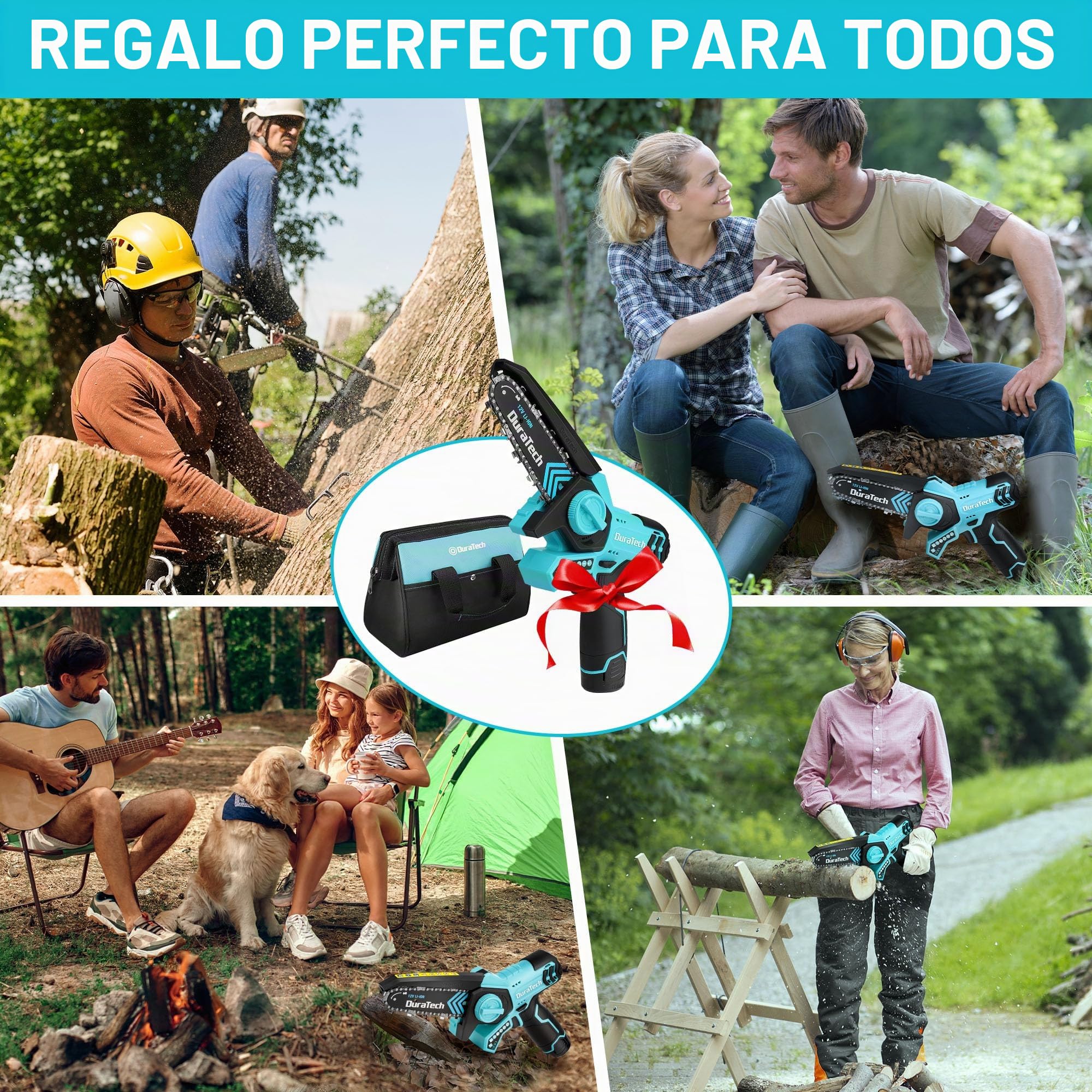 DURATECH Mini Motosierra Inalámbrica 12V con 2 Baterías y Cargador | Motosierra Eléctrica Sin Cable con Bloqueo de Seguridad para Cortar Árboles, Ramas y Arbustos en Jardinería
