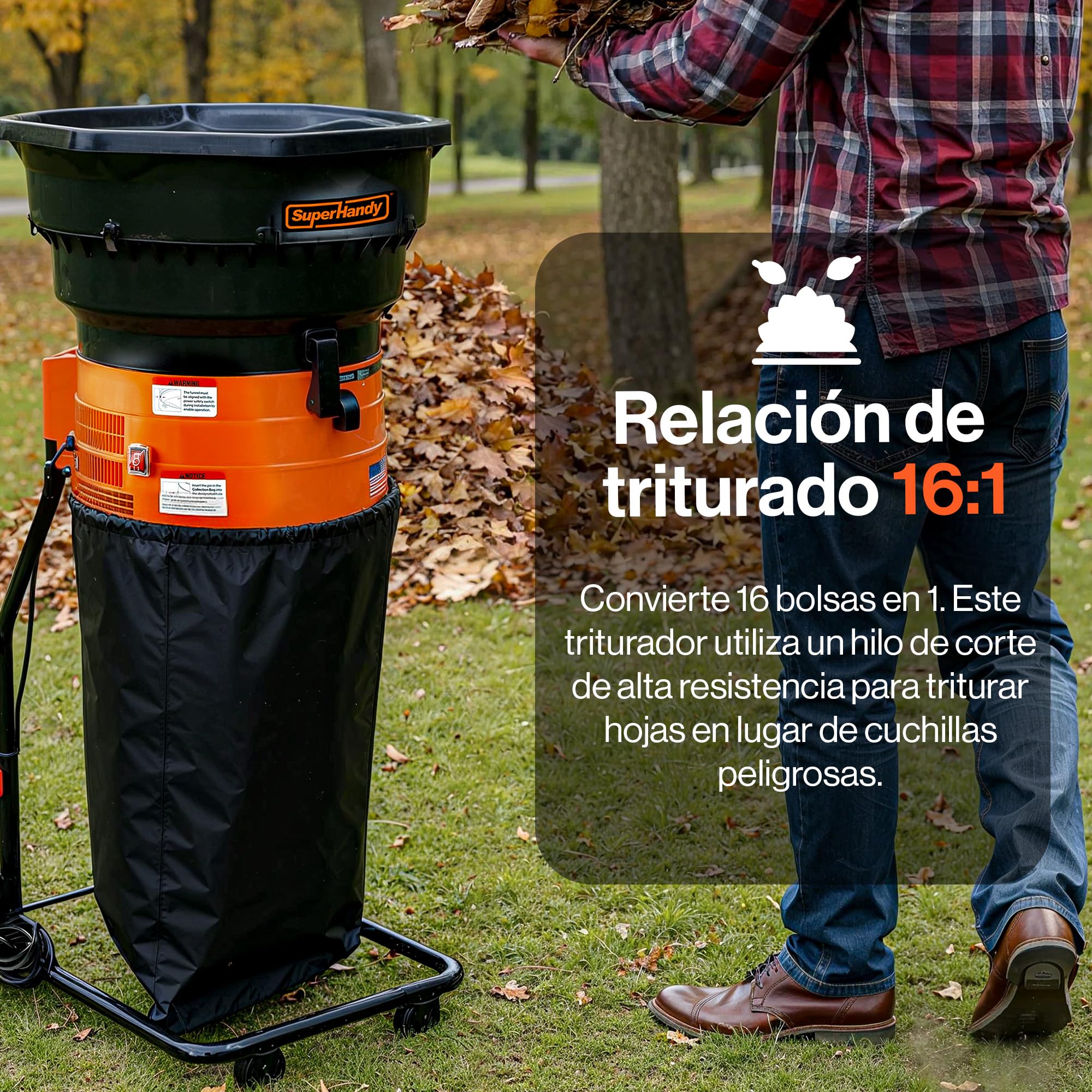 SuperHandy Mulcher & Trituradora sin Cuchillas Eléctrica para Hojas de Jardín – Motor de 1800W, Embudo de 50 cm, Relación de Mulch 16:1, Bolsa de Recolección de 80 L, Diseño Ligero de 8,5 kg