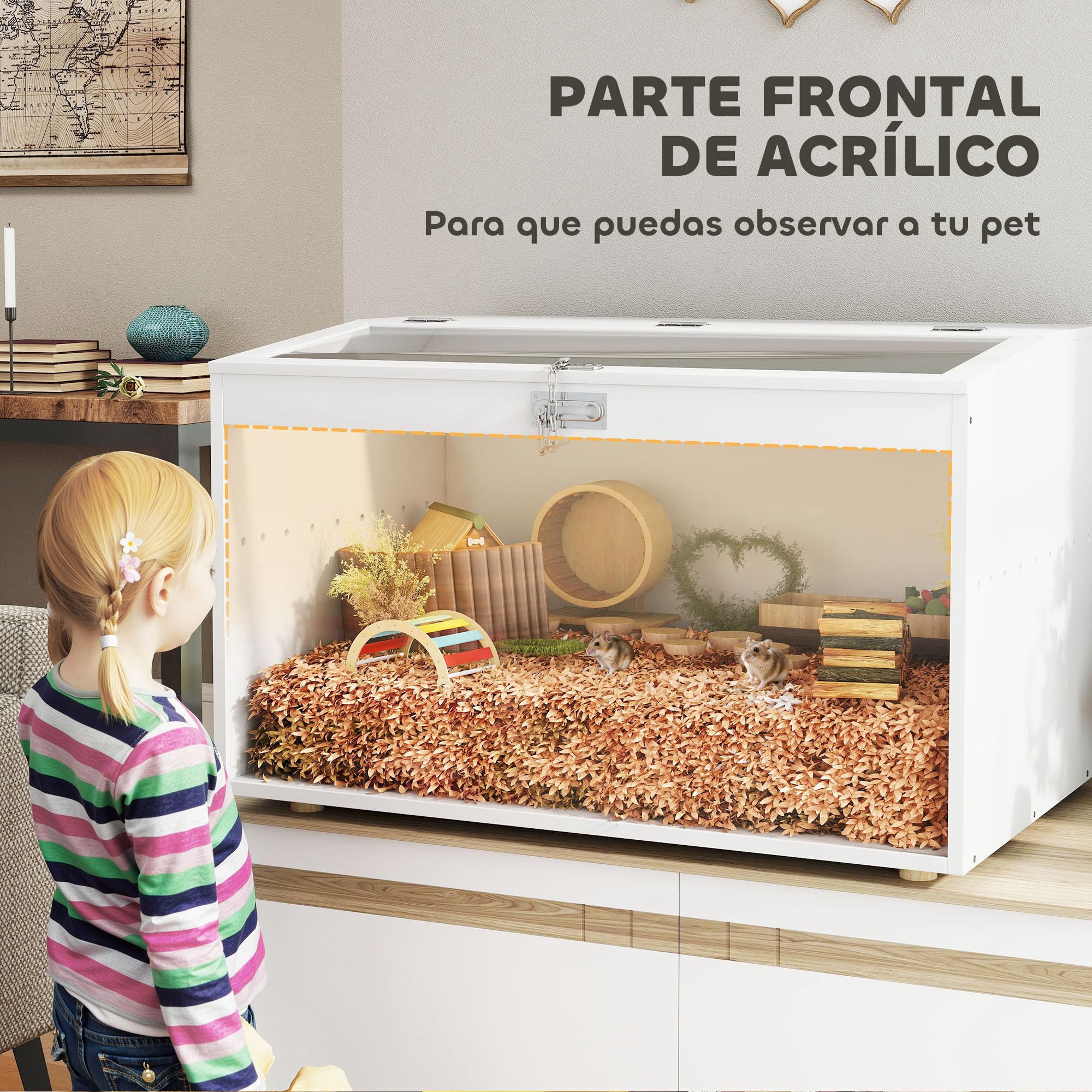 PawHut Jaula para Hámster Tapa Abatible para Jerbos 80x50x50 cm Blanco | Casa para Animales Pequeños, Ventana de Acrílico Transparente, para Hámsteres Enanos