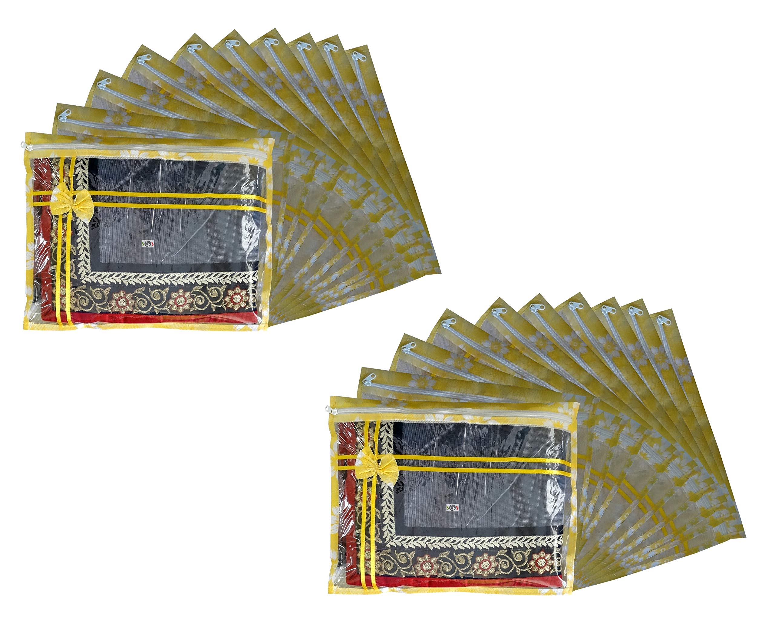 S4S Set of 20 Pcs Flower Design Non Woven Single Saree Cover Packing Bag with Zip Combo (Yellow)