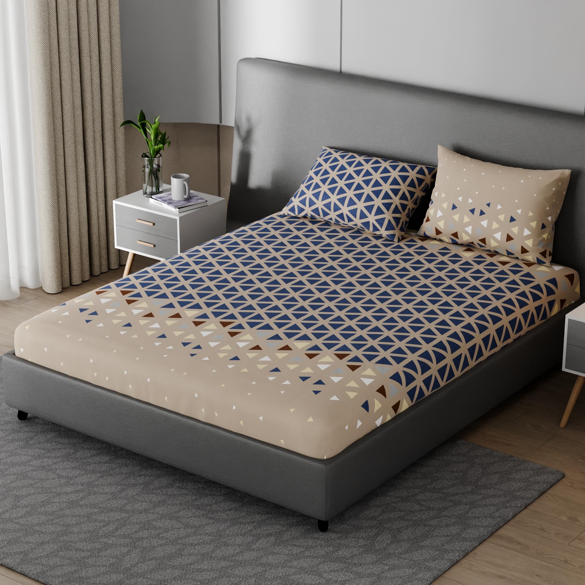 BLISSHOME SoftTouch King Size Printed Bedsheet with 2 Pillow Covers, Everyday Use 100% Comfort Cotton Fitted Bedding Set, Breathable, Easy Maintain, Geometric Pattern - Sand Beige-image-46