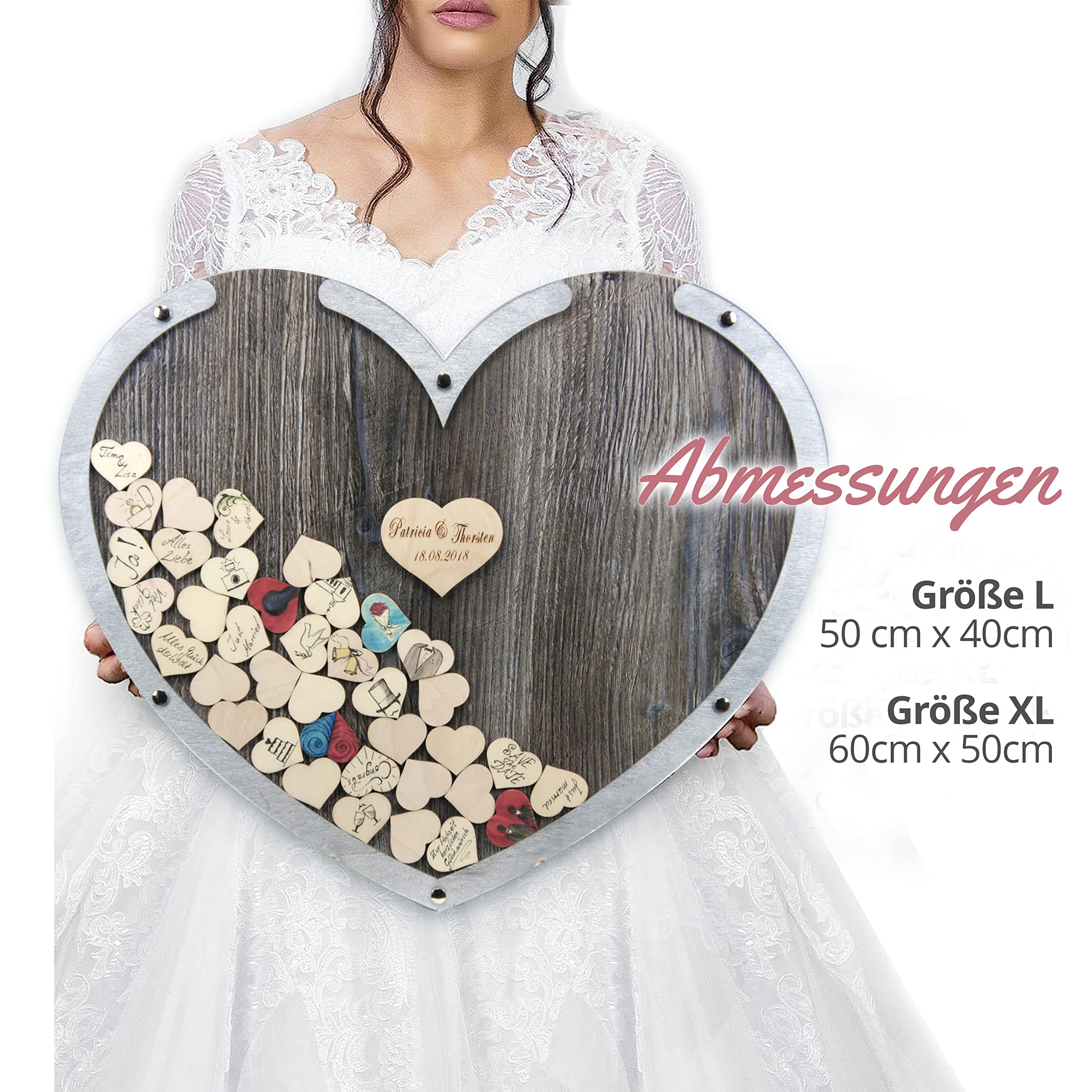 Edles Herz Hochzeitsgästebuch im Dekor Dark Oak, personalisierbar m. Wunschgravur auf 10cm Holzherz, inkl. 60 Holz-Herzchen als Einwurfherzen; Hingucker in Herzform (50x40cm) Made in Germany