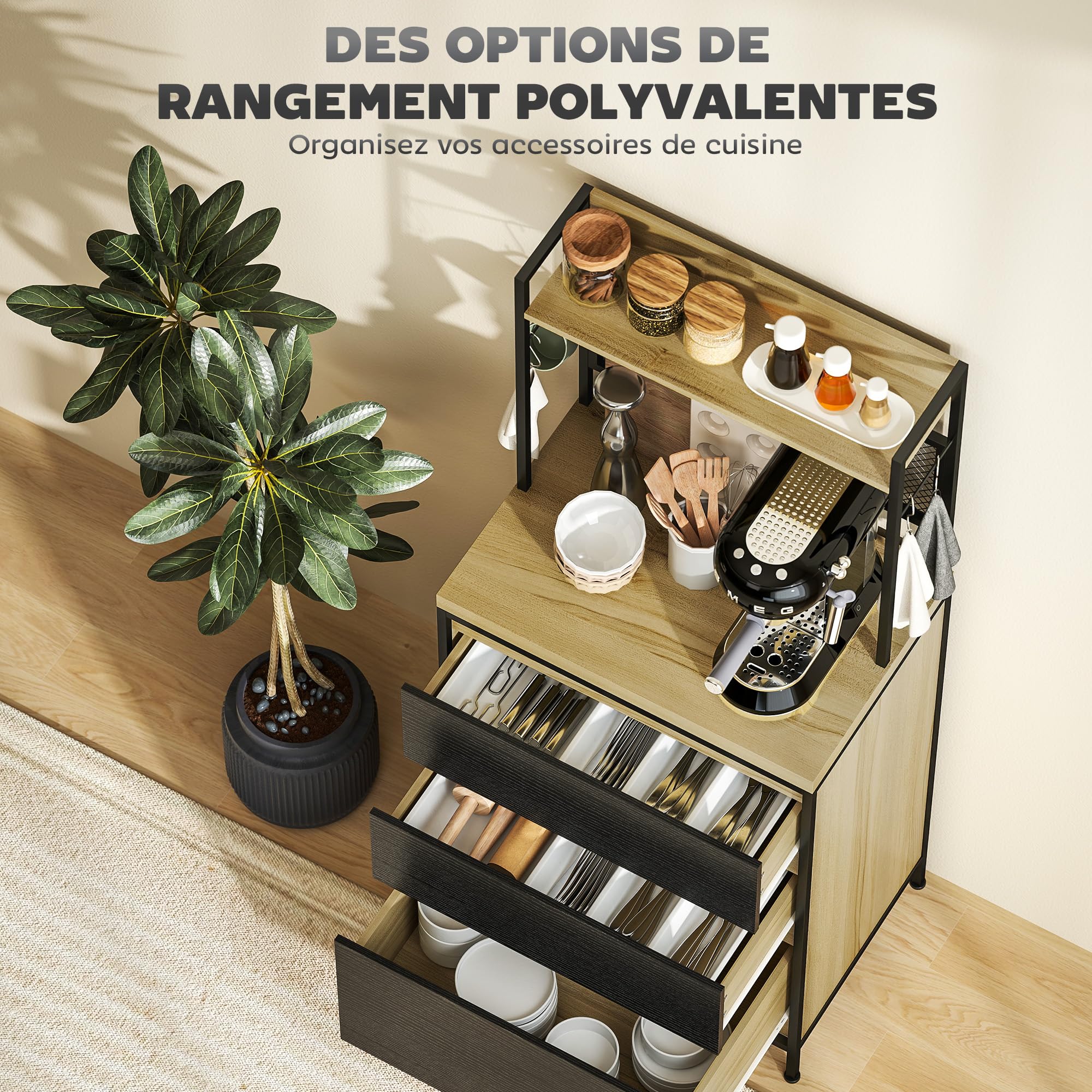 HOMCOM Armoire de Cuisine Buffet Industriel 60x40x132cm Bois Naturel | Meuble de Rangement, 3 Tiroirs, Plan de Travail, Étagère, 4 Crochets, Meuble Micro Onde, Salle à Manger, Salon
