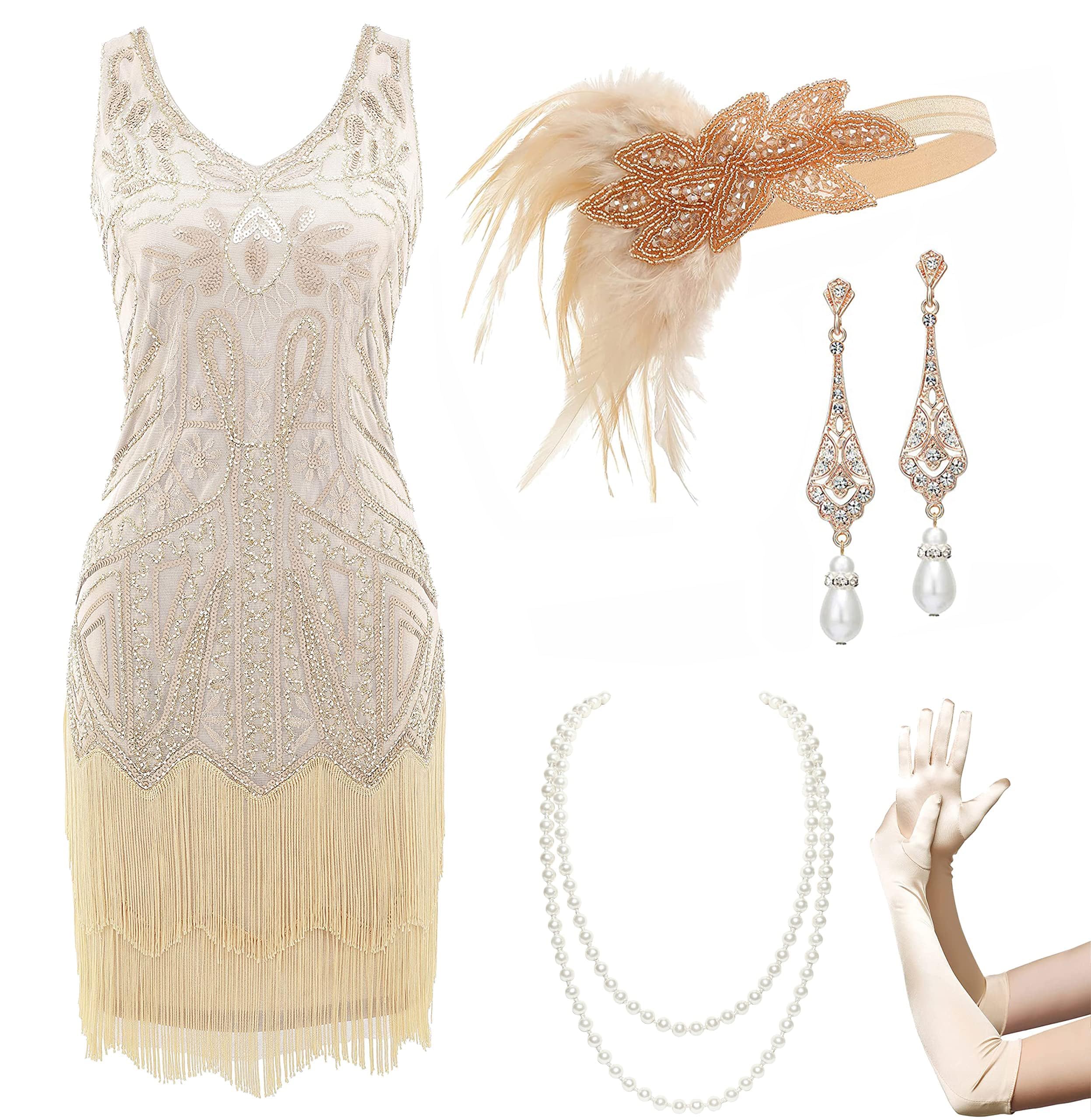 BABEYOND Damen Retro 1920er Stil Flapper Kleider Set mit Zwei Schichten Troddel V Ausschnitt Great Gatsby Motto Party Kostüm Kleider Set