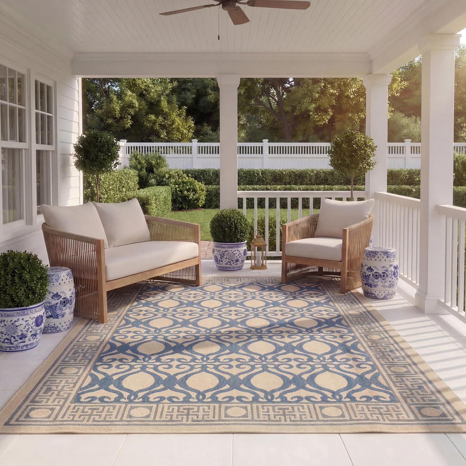 SAFAVIEH Courtyard Collection CY3040 Indoor/ Outdoor Non-Shedding Easy Scrubbing Patio Backyard Porch Deck Mudroom Area Rug, 2'7" x 5', Natural / Blue
