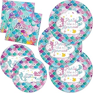 CC HOME Mermaid Birthday Paper Plates Party Under The Sea Ocean Disposable Tableware Party Supplies Tissue Theme Dinnerware Cutlery Sets Serves 24 Guests for Party Plates Napkins 88PCS