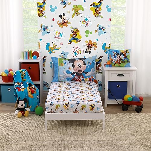 Disney Mickey Mouse - Juego de sábanas de 2 piezas para niños pequeños, color azul, rojo, verde y blanco, pato Donald, Plutón y Goofy, Fun Starts