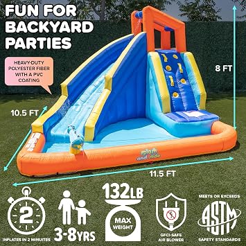 Sportspower Big Wave II Large Outdoor Inflatable Water Slide with Climbing Wall & Splash Pool, Heavy Duty, ASTM Certified, on 400W Blower