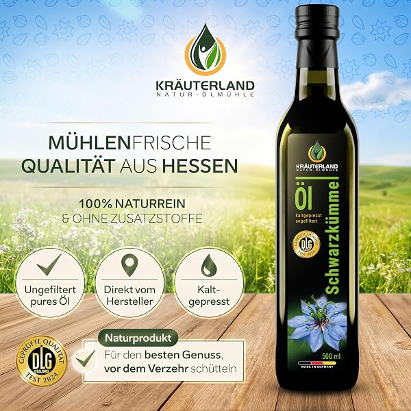 Kräuterland Schwarzkümmelöl 500ml, kaltgepresst & ungefiltert, hoher Thymochinon‑Anteil, ägyptische Samen, mühlenfrisch, 100 % Nigella sativa, naturrein ohne Zusatzstoffe, lichtgeschützten Glas - 4