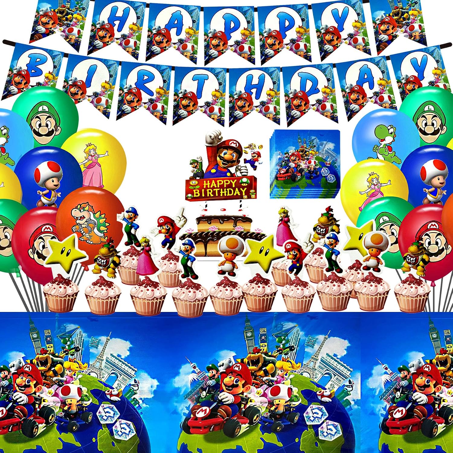 Themed Birthday Party Decoration, Birthday Party Supplies Includes Banner, Cake Topper, Cupcake Toppers, Napkins, Tablecover, Balloons Party Mario Decorations Kit