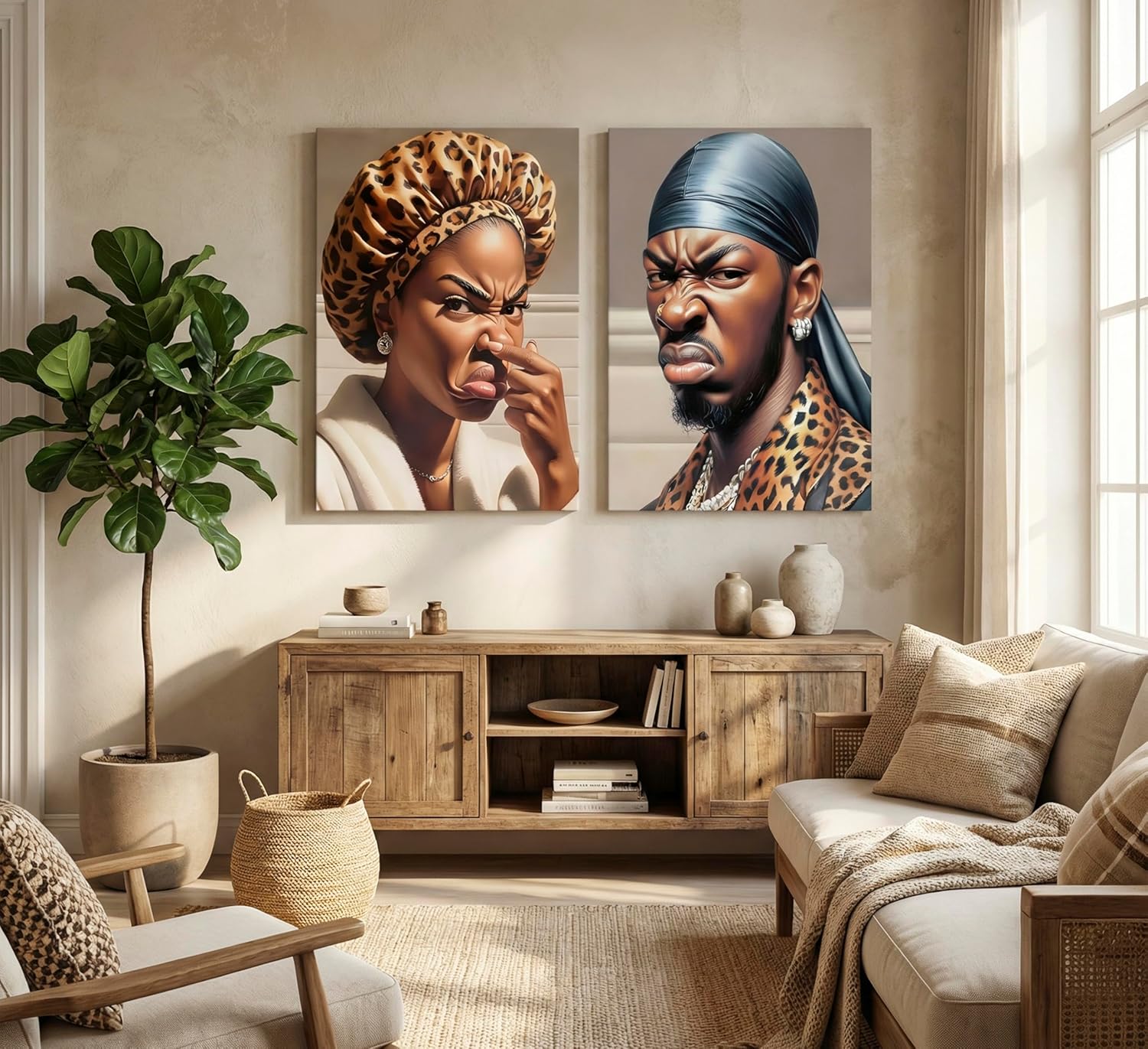 2Pcs Funny Stank Face Bathroom Wall Art Funny African American Bathroom Wall Decor Canvas Funky Humour Smell WC Pictures Paintings Humor African Unpleasant Smell Cover Nose Painting Framed
