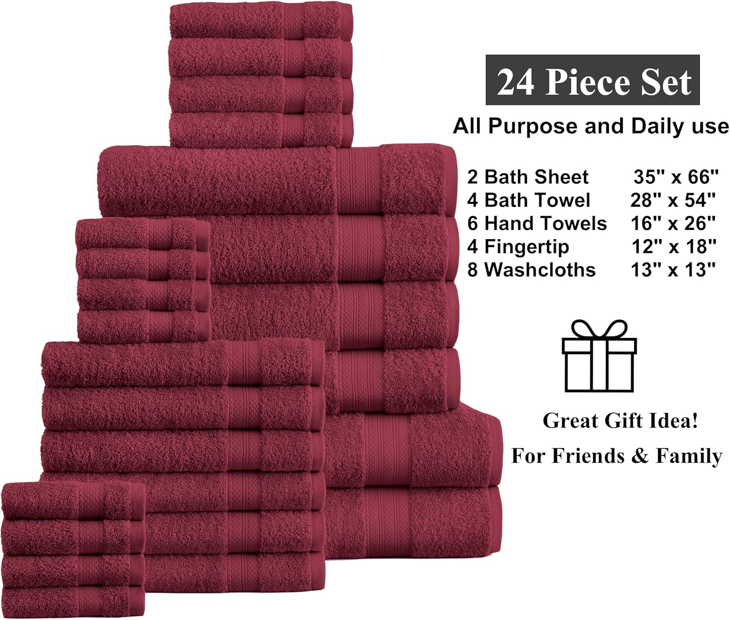 Casa Platino Towels Set, 24 PC 100%. Cotton 2 Oversize Bath Sheet, 4 Bath Towels, 6 Hand Towels, 8 Washcloths and 4 Tip Towels-, Highly Absorbent Towels for Bathroom Set - Biking Red : Home & Kitchen