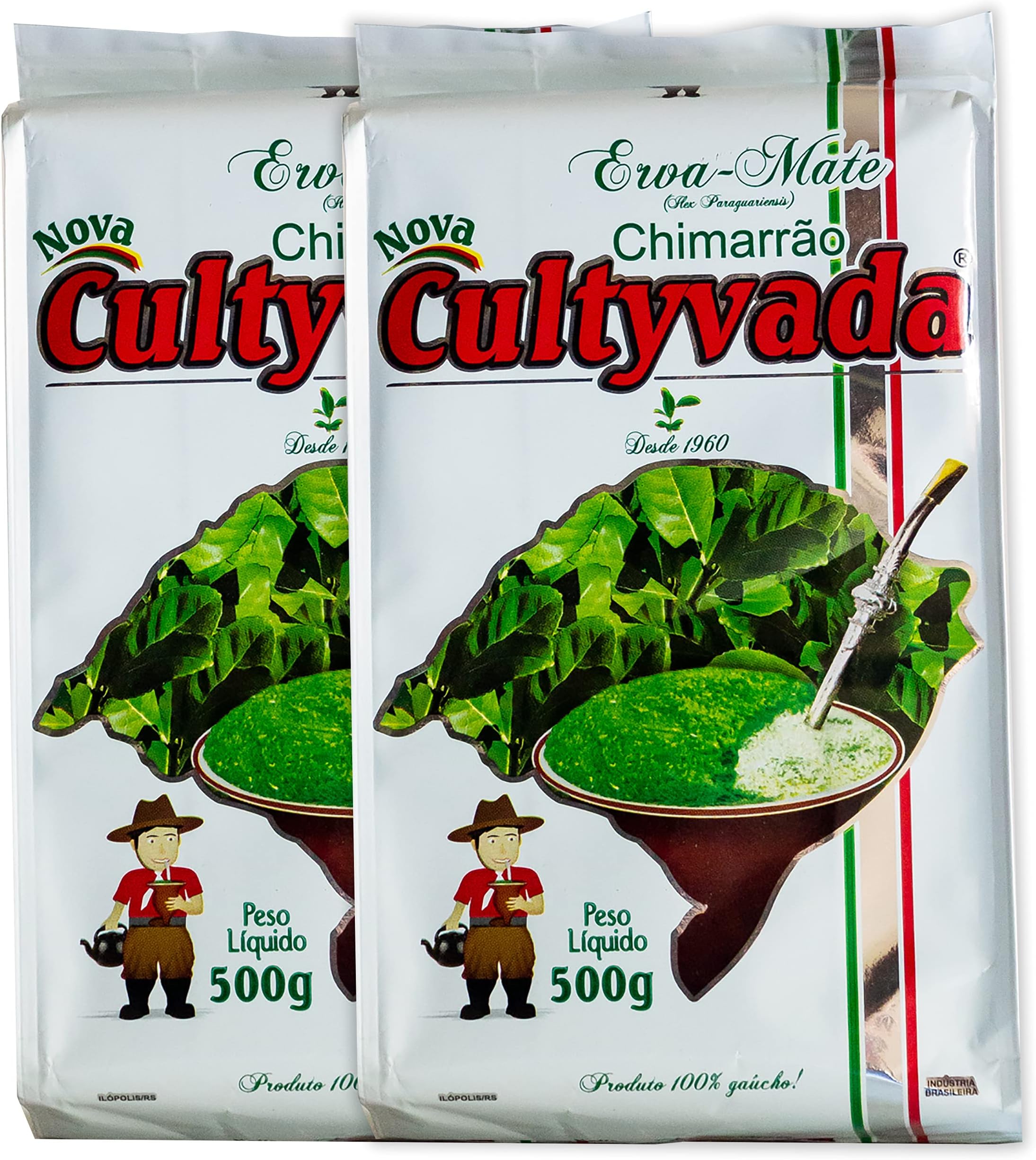 Cultyvada Nativa Chimarrao Erva Mate - Gourmet - Non-Aged - Super Fresh Green Brazilian Yerba Mate - Vacuum Sealed - 1.1 LB - 500g (2 PACKS)