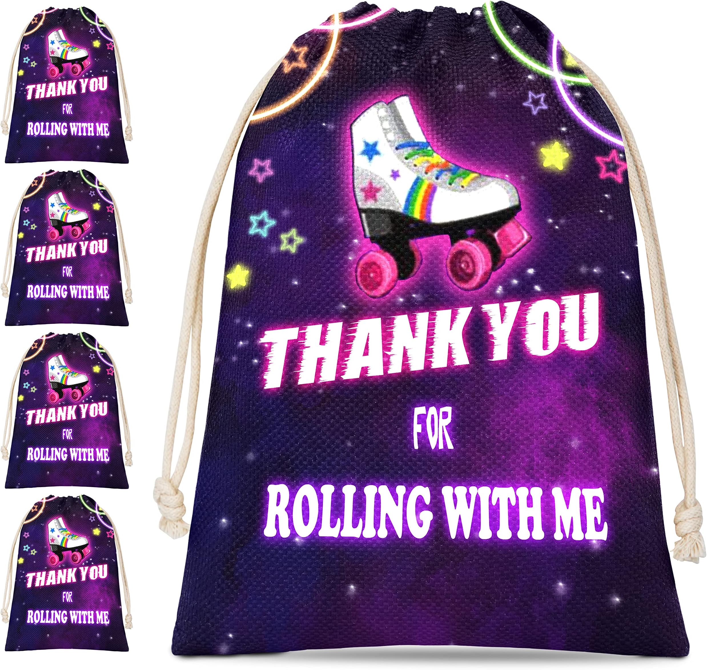 Disfuco Roller Skating Theme Party Bags, Roller Skate Neon Glow Party Favors Supplies, Gift Bags with Drawstring for Birthday Party, Baby Shower Decorations, 5 Pack(aa25)