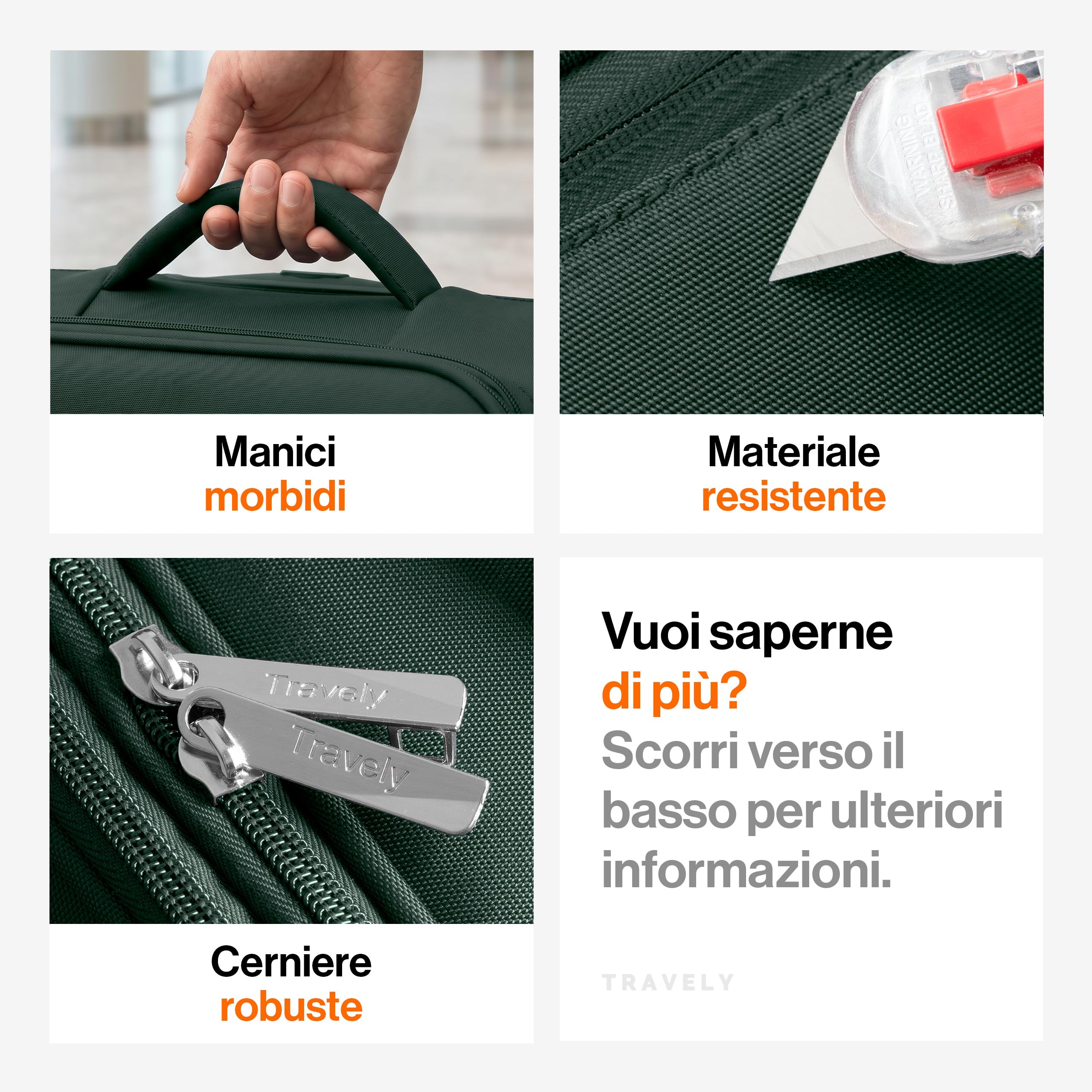 Travely Valigia M in tessuto - Valigia cabina con scomparto per laptop fino a 15,6", 4 ruote e lucchetto TSA - valigia morbida leggera espandibile, idrorepellente