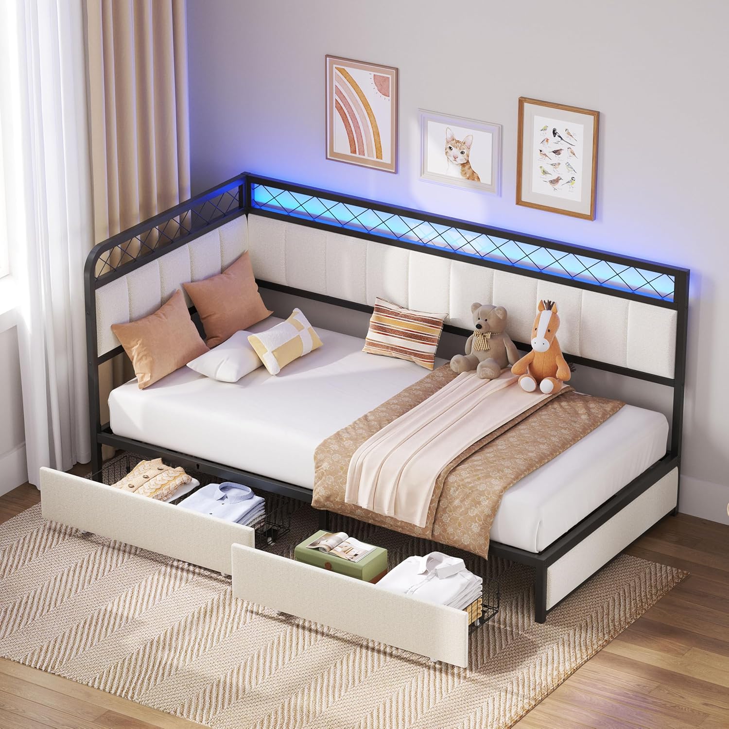 ANCTOR Twin Daybed with 2 Storage Drawers, Corner Bed Frame with LED and Charging Station, Metal Platform Daybed Frame for Living Room, Bedroom and Guest Room, Beige