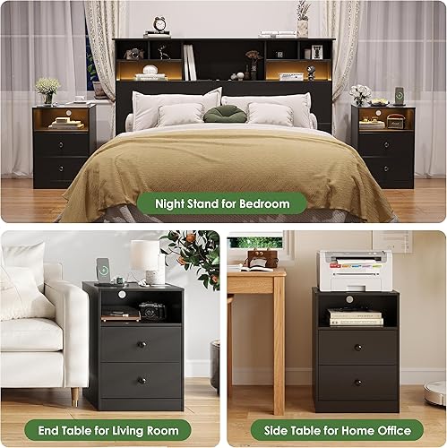 Miniatura 6 de Mesita de noche LED de madera con estación de carga, mesita de noche negra con 2 puertos USB y tomacorrientes, mesitas de noche con 2 cajones