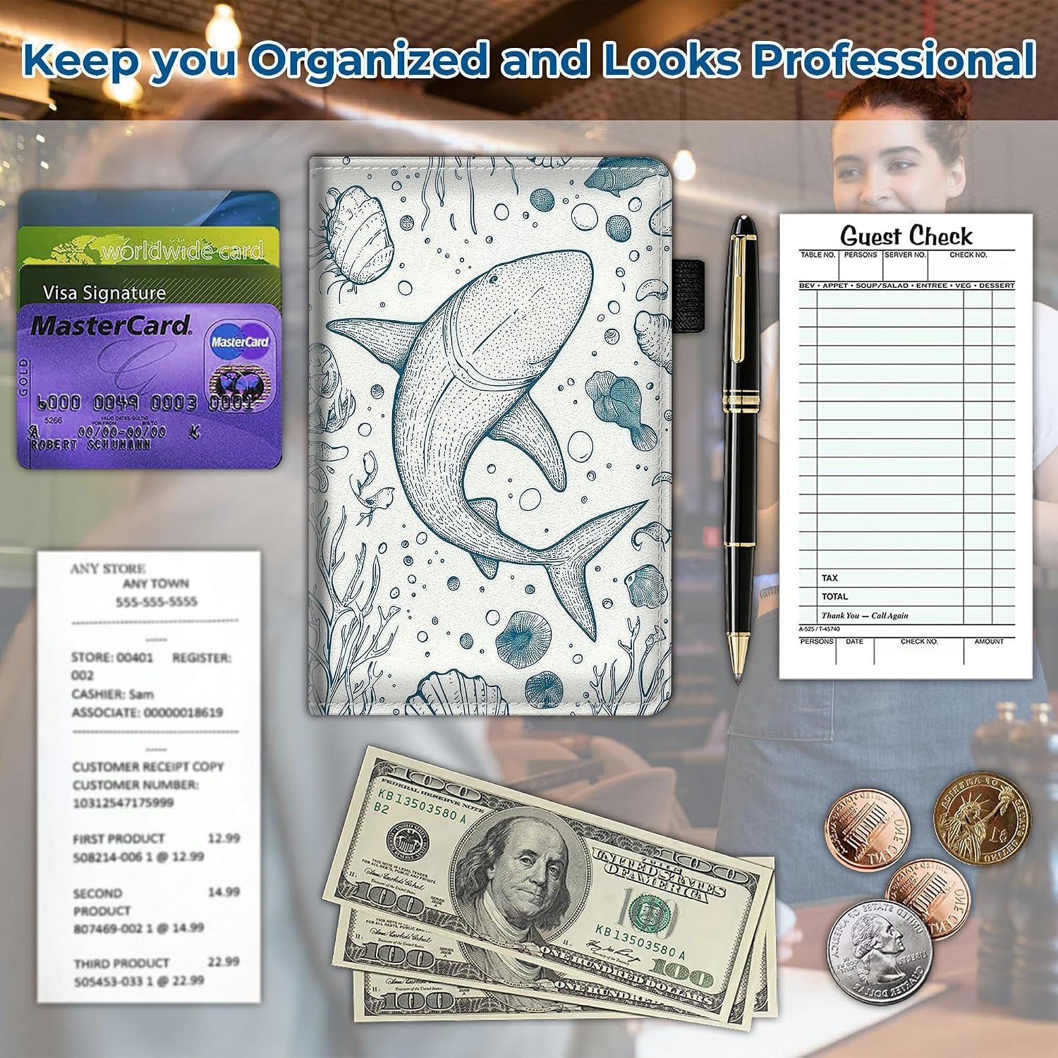 Slim Server Book for Waitress & Waiter, 8" x 5" PU Leather Restaurant Organizer Wallet with Zipper Pocket for Coins & Guest Check, Multiple Patterns - Ocean Shark