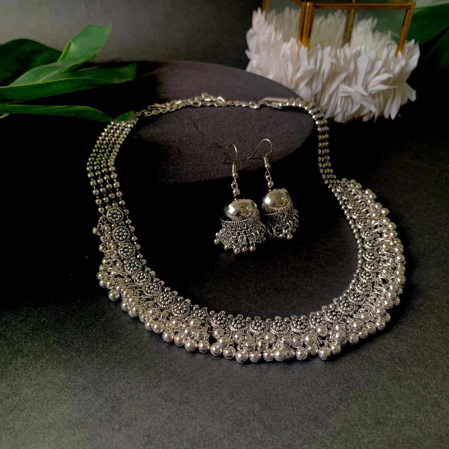 I Jewels Indian Wedding Ethnic Silver Oxidized Floral Design Ghungroo Long Necklace Jewellery Set For Women/Girls (MC158OX)