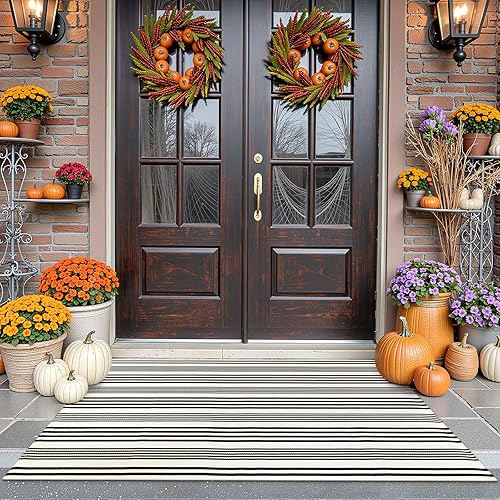 Alfombra de exterior a rayas blancas y negras, 3 x 5 pies, de algodón, moderna, tejida a mano, reversible, alfombra de patio lavable en capas para 1