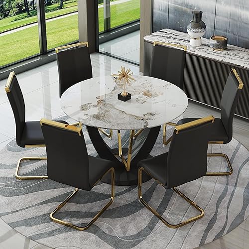 Miniatura 50 de JUFU Juego de mesa redonda de comedor para 6 con sillas, juego de mesa y sillas de 48" compuesto por 6 piezas con superficie de mármol y asiento