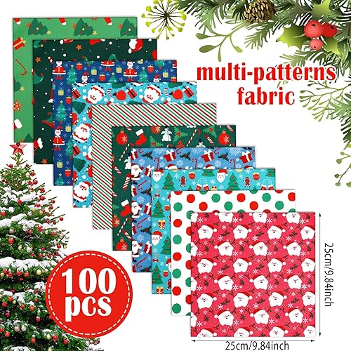 Miniatura 2 de Irenare 100 Pcs 8 x 8 Inches Christmas Fabric Bundles Fat Quarters Santa Claus Precut Fabric Bundle Squares Xmas Tree Snowman Printed Sewing