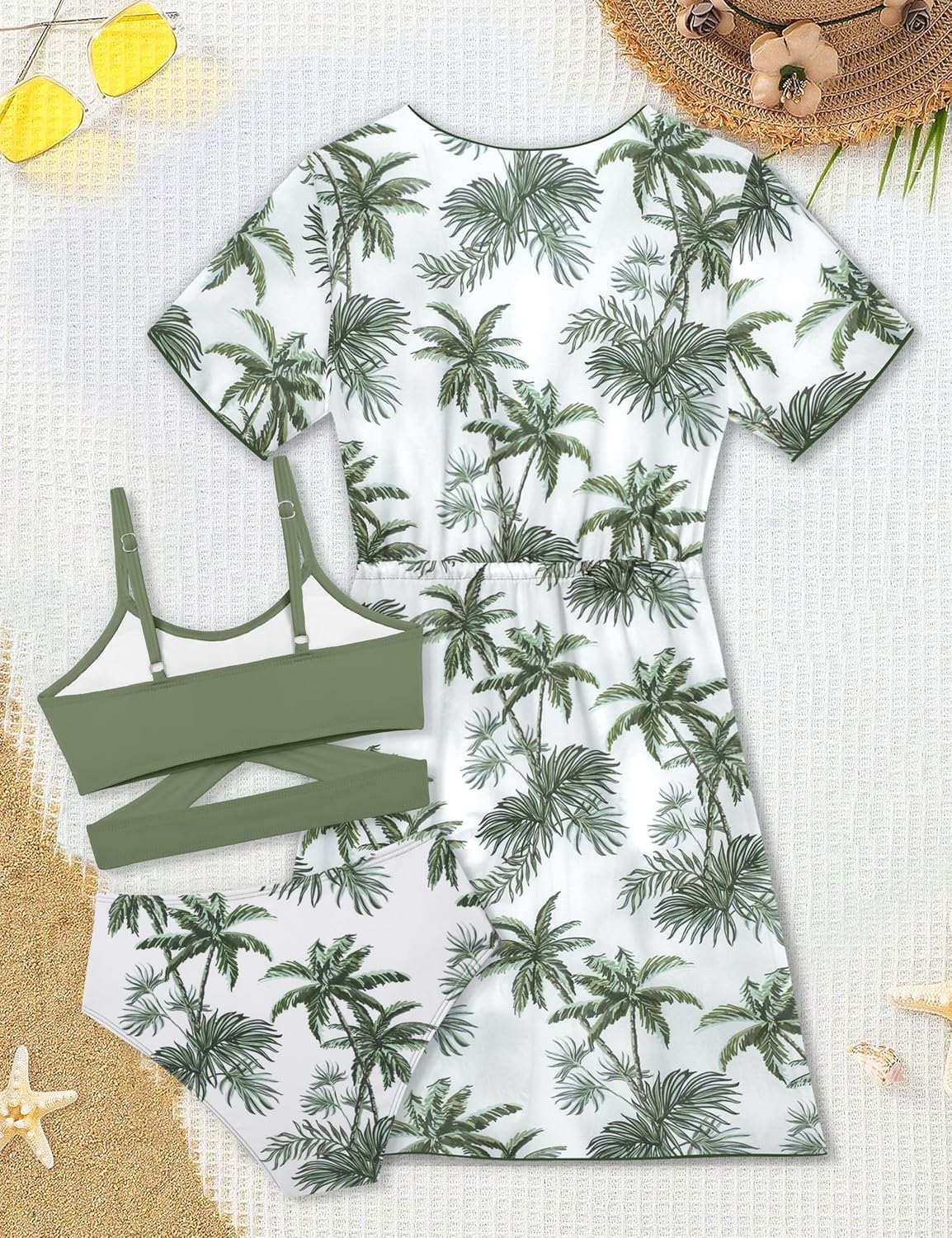 Girls Swimsuit 3 Piece Tropical Print Bikini Set Criss Cross Bathing Suit with Drawstring Quick Dry Cover Up 7-16Y - Image 5