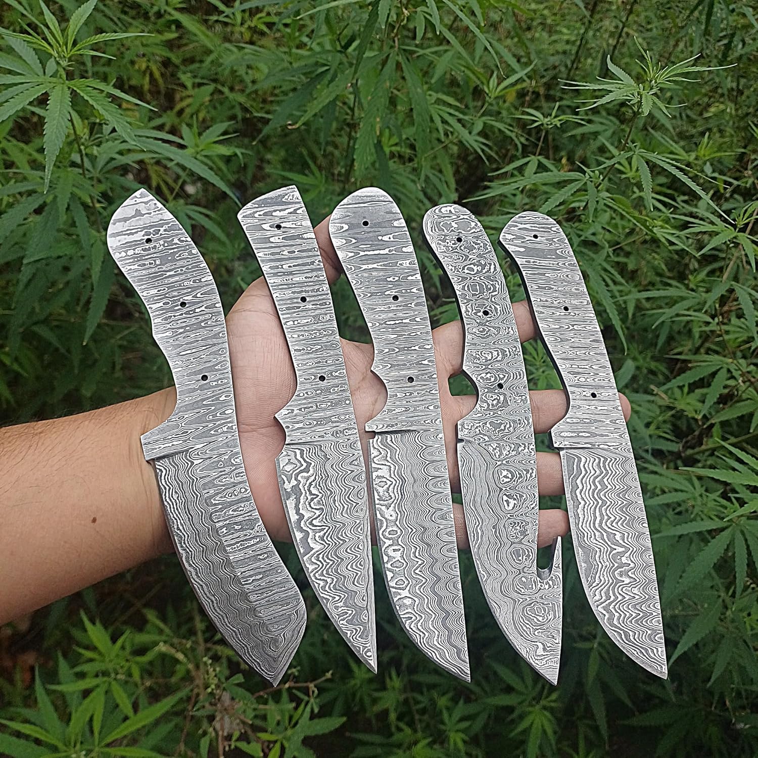 Damascus Steel Blank Blades Set - 5 Pcs Handmade Full Tang Fixed Blade EDC Gut Hook Skinning Hunting Knife Blanks Set