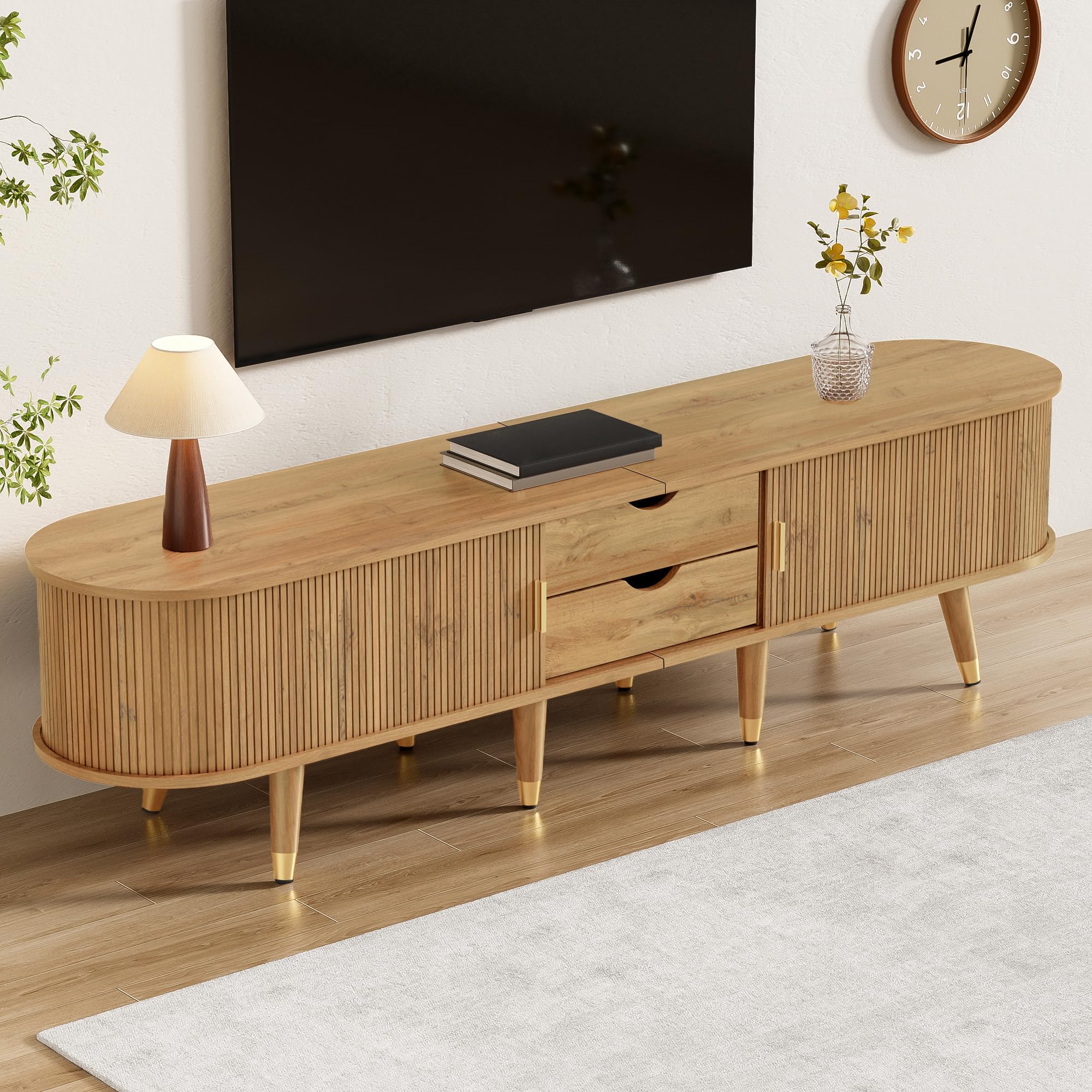 Mobile basso per TV, 175 cm, noce, con anta scorrevole in rattan, scomparti aperti e cassetti, portata 60 kg, stile rustico per soggiorno