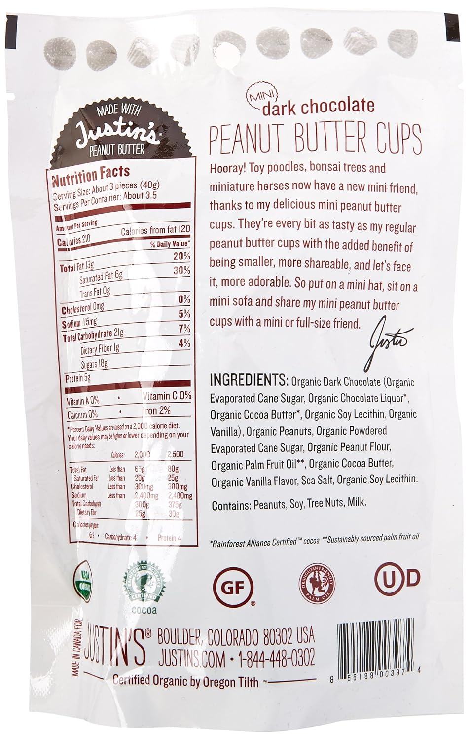 Justin's, Mini Dark Chocolate Peanut Butter Cups, 4.7 oz
