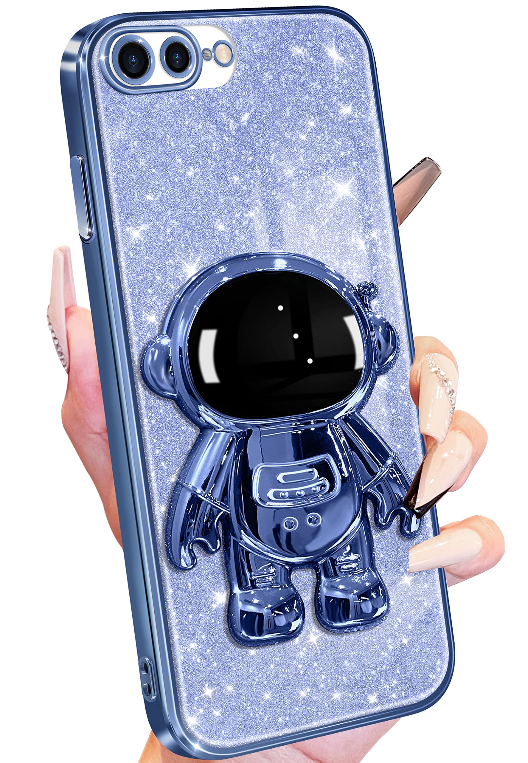 Buleens for iPhone 7/8 Plus Case, Women Girls Astronaut Clear Glitter Phone Cases with Stand, Cute Electroplated Sparkly Blue Phone Cover