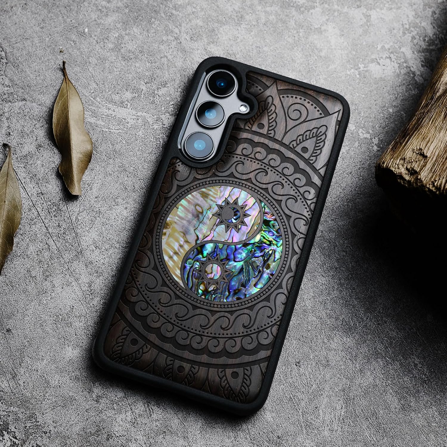 Carveit Designer Wooden Case for Samsung Galaxy S24 Plus Case [Wood Engraving & Shell Inlay] Compatible with Wireless Chargers S24 Plus Cover (Yin Yang Paisley-Blackwood)