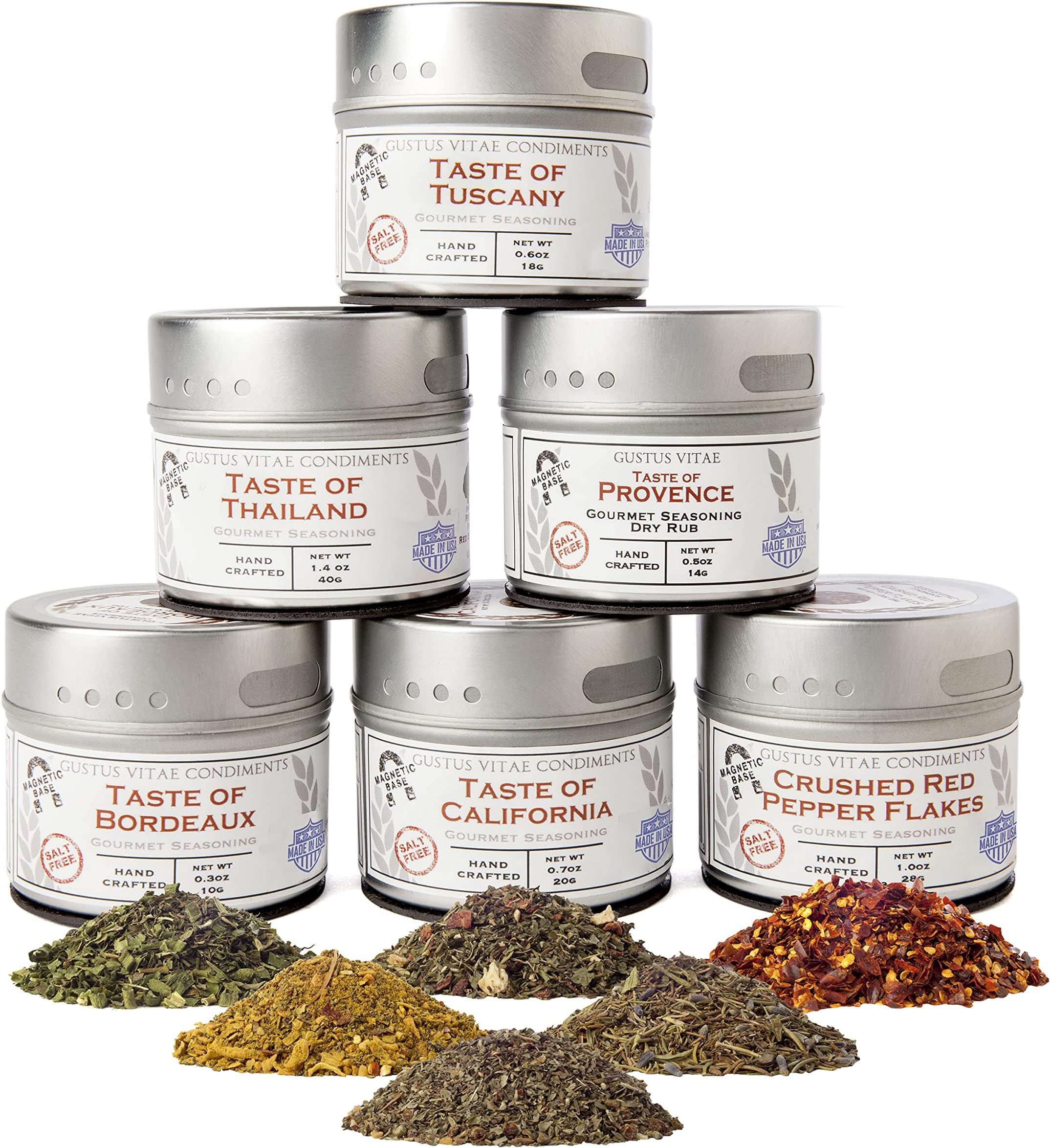 Salt-Free Gourmet Seasoning Collection | Artisanal Spice Blends Gift Set | Hand Crafted, Small Batch Spices | No Sodium | Non GMO, All Natural | GLP-1 Friendly | Ultra Premium, Sustainably Sourced | Magnetic Tins | Gustus Vitae