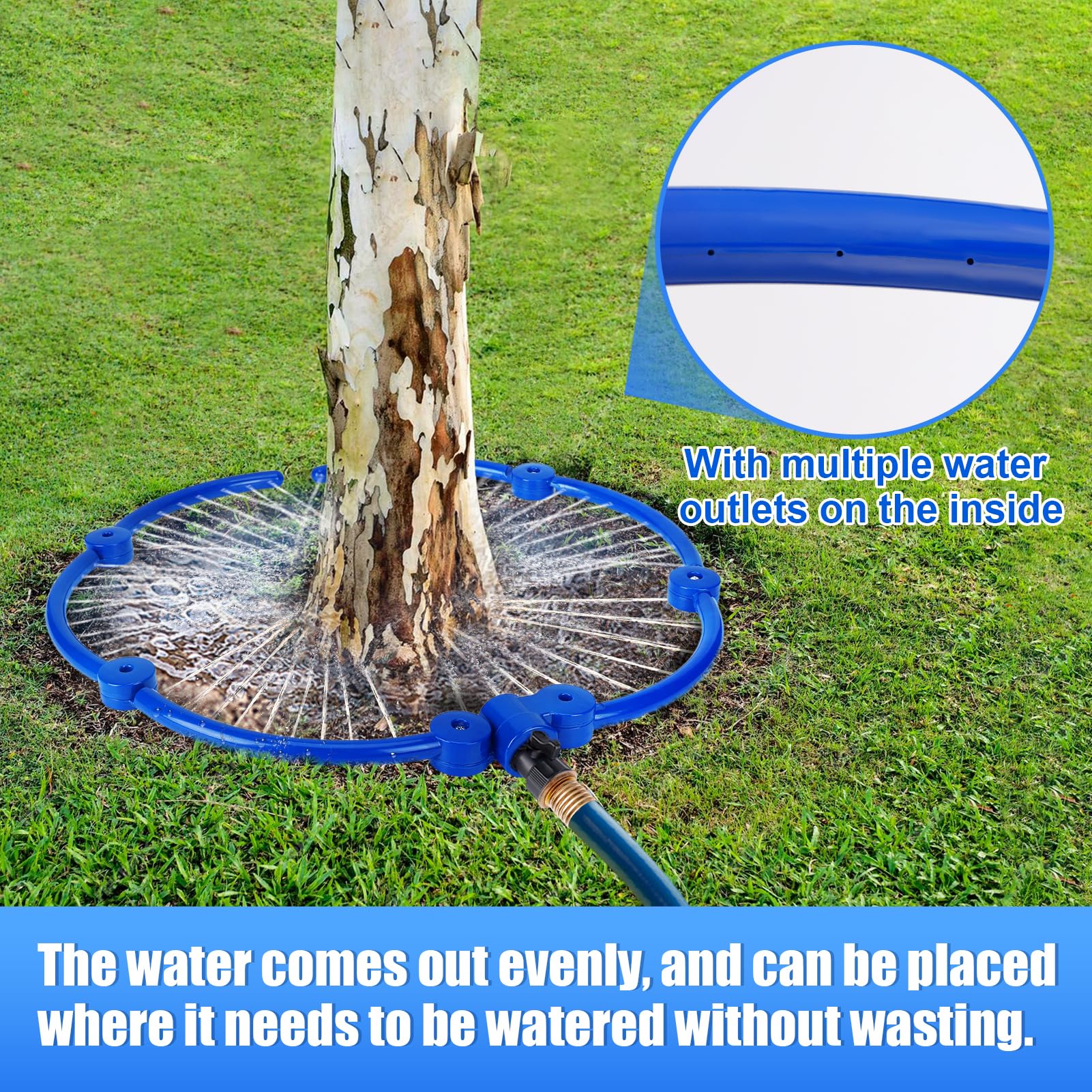 Aspersor de agua de árbol de 360°, anillo de riego ajustable de 55 pulgadas con separadores de manguera en Y, sistema de riego circular de raíces de árbol, fácil de usar para árboles nuevos al aire